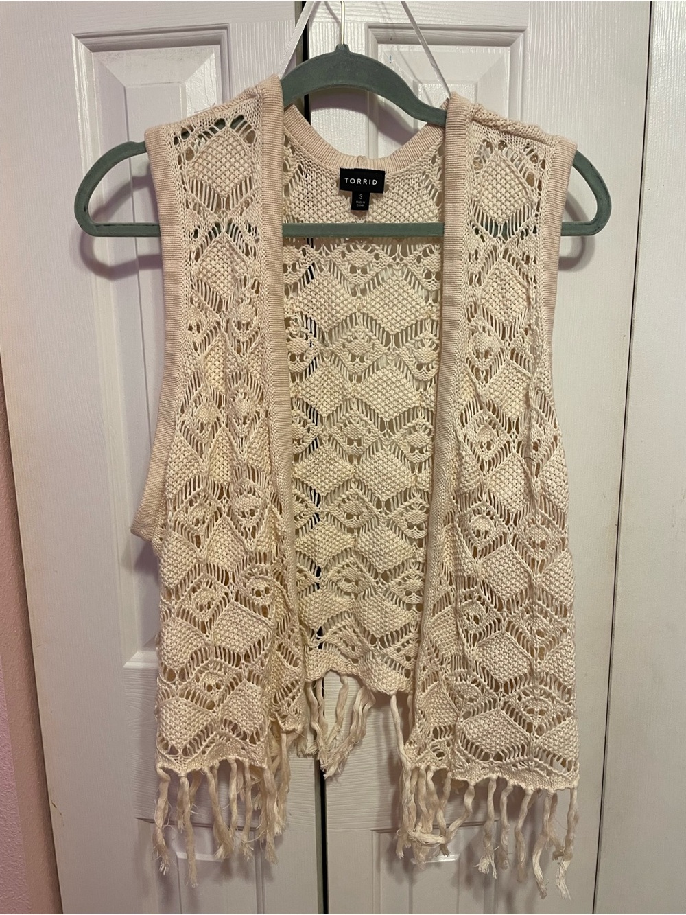 torrid cream crochet fringe open-front vest